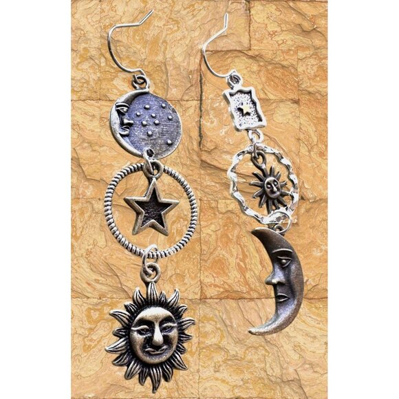 Celestial Star Moon Sun Earrings Dangle Hooks Astrology Eclectic Mismatched New - Picture 8 of 12